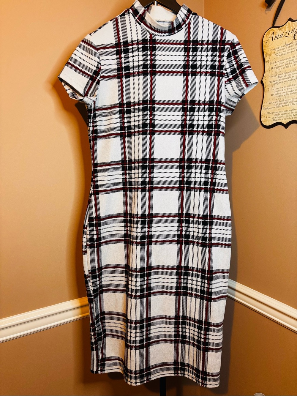 White Plaid Midi Dress with Black and Red Check